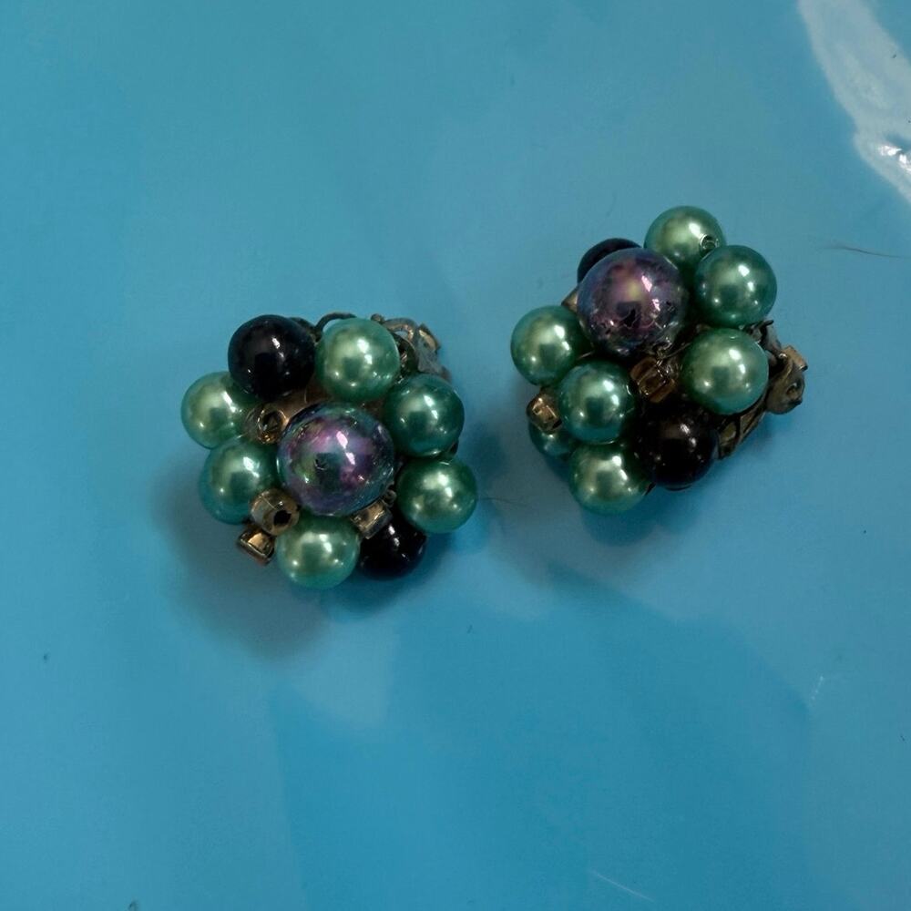Cluster Faux Pearl Green and Purple Clipon Earrings